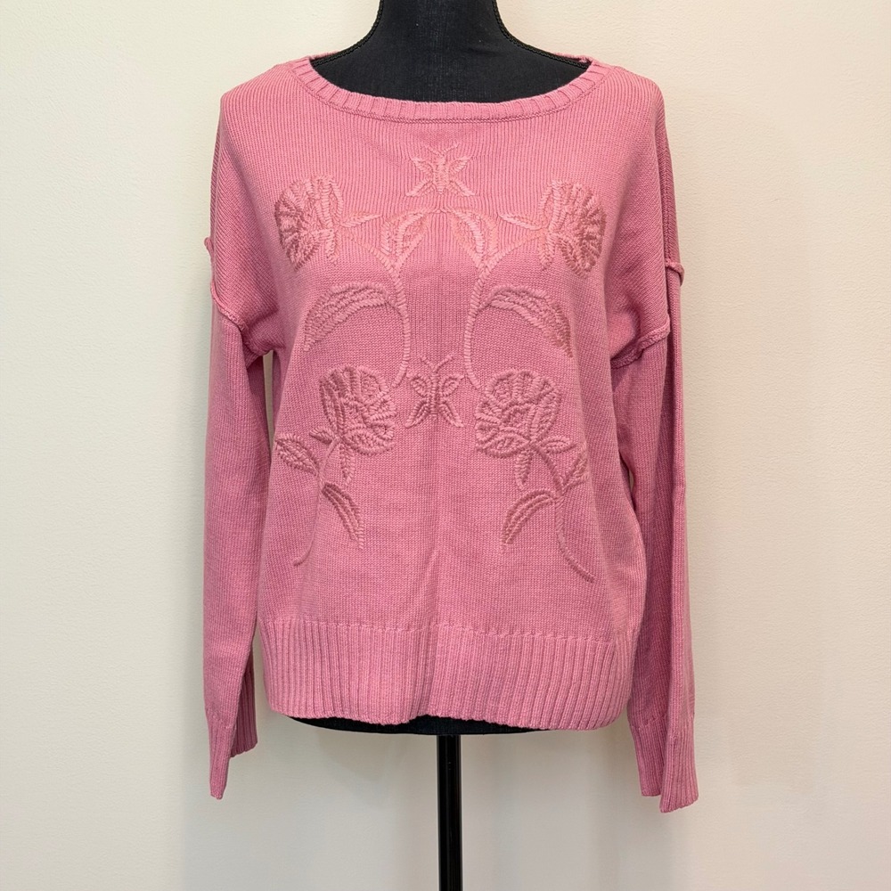 Haute Hippie Style Pink Floral Butterfly Embroidered Knit Sweater‎ Womens M Boho